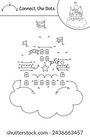 Vector dot-to-dot and color activity with unicorn castle on cloud. Fairytale connect the dots game for children with cute fantasy palace. Magic world coloring page for kids. Printable worksheet
