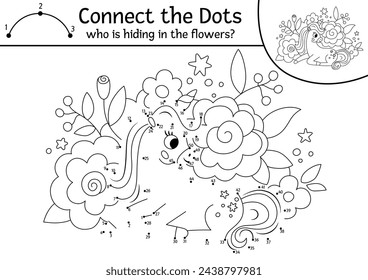 Vector dot-to-dot and color activity with unicorn hiding in flowers. Fairytale connect the dots game for children with cute fantasy animal. Magic world coloring page for kids. Printable worksheet
