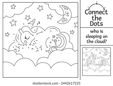 Vector dot-to-dot and color activity with unicorn sleeping on cloud. Fairytale connect the dots game for children with cute fantasy animal. Magic world coloring page for kids. Printable worksheet
