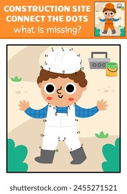 Vector dot-to-dot and color activity with worker uniform, colored construction site scene. Building works connect the dots game for children with hard hat. What is missing printable worksheet
