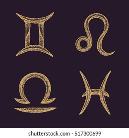 vector dotwork design hand drawn engraving style gold color Gemini Leo Libra Pisces zodiac signs collection isolated dark brown background
