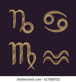 vector dotwork design hand drawn engraving style gold color Cancer Capricorn Aquarius Virgo zodiac signs collection isolated dark brown background
