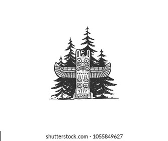 Vector dotwork indian totem in the woods. Simple sketchy hand drawn illustration of a native american shrine.