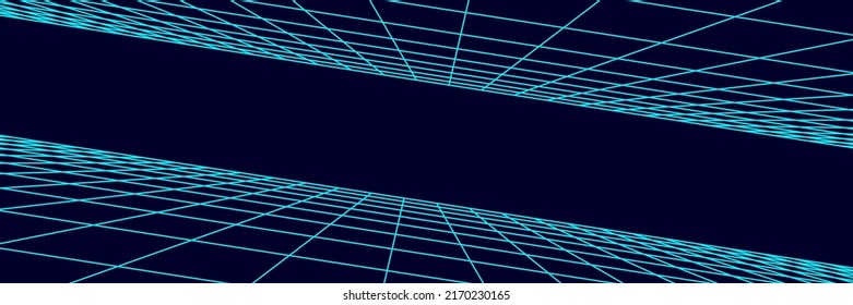 Vector double blue perspective grid. Digital cyberspace. Network connection structure. Abstract mesh background.