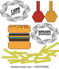 
Vector, double burger with french fries ketchup and mustard.
Text love burger.
