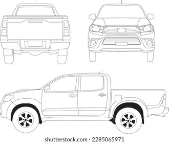 Vector double cabin hilux truck line art from views side back front