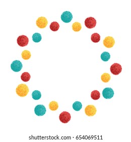 Vector Double Colorful Vibrant Birthday Party Pom Poms Circle Set and Round Frame. Great for handmade cards, invitations, wallpaper, packaging, nursery designs. Home decor elements.