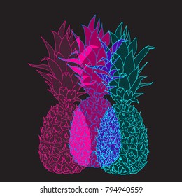 Vector double exposure abstract pineapple fruit. Vivid cmyk colors concept design with juicy ananas. Easy to use and modify for trendy modern design projects