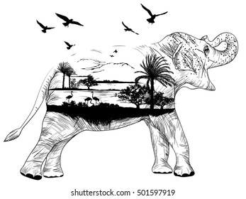 Vector Double exposure, African elephant for your design, wildlife concept