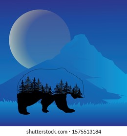 Vector double exposure of a bear. Wildlife concept in blue background.