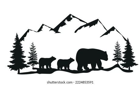 Vector Double exposure, bear for your design, wildlife concept. Silhouette of bear standing on grass hill. Mountains and forest in the background. Magical landscape, trees, animal. Eps 10
