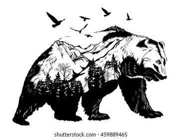 Vector Double exposure, bear for your design, wildlife concept