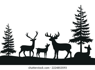 Vector Double exposure, deer for your design, wildlife concept. Vector vintage forest landscape with black and white silhouettes of trees and wild animals ep 10