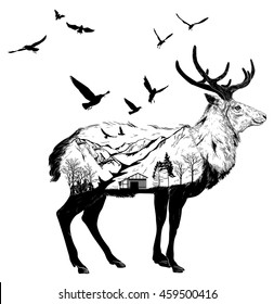 Vector Double exposure, Deer for your design, wildlife concept