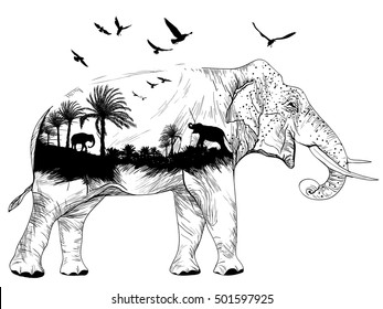 Vector Double exposure, elephant for your design, wildlife concept