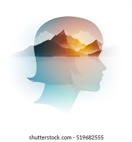 Vector double exposure girl portrait and mountain, forest and sea landscape. Concept illustration.
