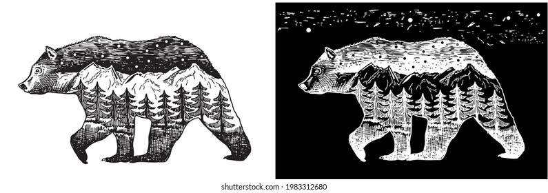 Vector Double exposure, Hand drawn bear. Black and white monochrome emblem, symbol, logotype, design, badge, sticker, poster of a bear. For your design wildlife concept. Identity, T-shirt prints usage