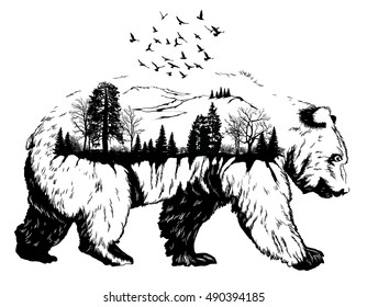 Vector Double exposure, Hand drawn bear for your design, wildlife concept
