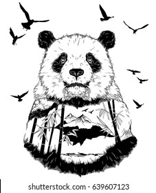 Vector Double exposure, Hand drawn panda portrait for your design, wildlife concept