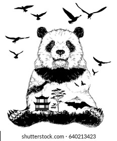 Vector Double exposure, Hand drawn panda bear for your design, wildlife concept