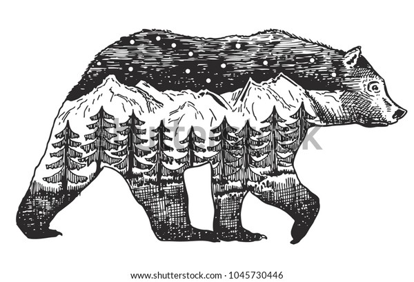 Vector Double Exposure Hand Drawn Bear Stock Vector (Royalty Free ...