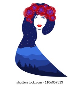 Vector double exposure illustration. Beautiful woman with abstract hairdressing, diadem and wreath from the beautiful red flowers, fluffy eyelashes, red lips, nature background, stars night sky.