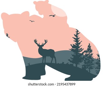 Vector double exposure illustration of a grizzly bear in the wild. Print, sticker, poster, vector elements.