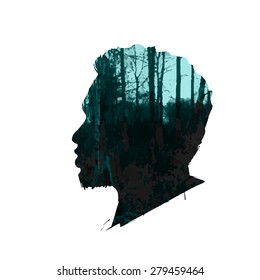 Vector double exposure illustration. Man silhouette plus abstract nature background.Black and white double exposure portrait of young man combined with photograph of nature. Vector illustration.