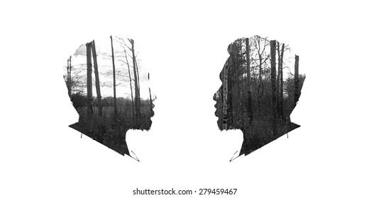 Vector double exposure illustration. Man silhouette plus abstract nature background.Black and white double exposure portrait of young man combined with photograph of nature. Vector illustration.