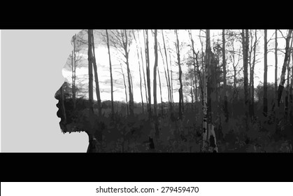 Vector double exposure illustration. Man silhouette plus abstract nature background.Black and white double exposure portrait of young man combined with photograph of nature. Vector illustration.