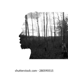 Vector double exposure illustration. Man silhouette plus abstract nature background.Black and white double exposure portrait of young man combined with photograph of nature. Vector illustration.