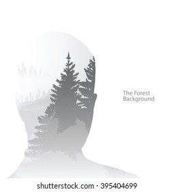 Vector double exposure illustration. Man silhouette plus forest background. Double exposure portrait of man on a gray background of coniferous forest. Man and coniferous forest in the morning mist.