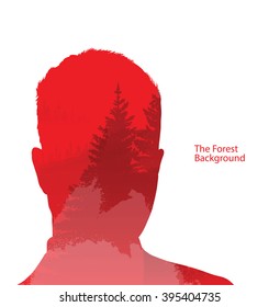 Vector double exposure illustration. Man silhouette plus forest background. Double exposure portrait of man on a gray background of coniferous forest. Man and coniferous forest in the morning mist.