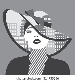 Vector double exposure illustration. Sexy woman with city in her hat