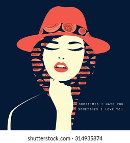 Vector double exposure illustration. Sexy woman with red hat