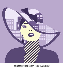 Vector double exposure illustration. Sexy woman with city in her hat