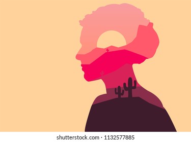 Vector double exposure illustration. Woman silhouette nature background.