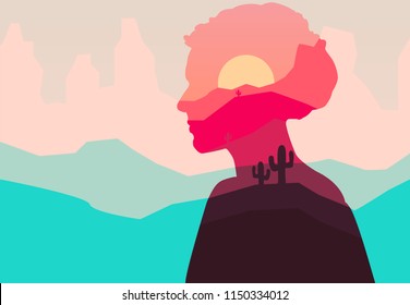 Vector double exposure illustration. Woman silhouette nature background.