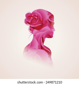 Vector double exposure illustration. Woman silhouette plus abstract flower background