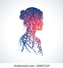 Vector double exposure illustration. Woman silhouette plus abstract nature background