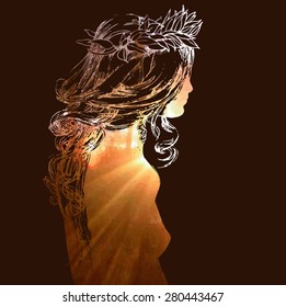 Vector double exposure illustration. Woman silhouette plus abstract nature background. Colored double exposure portrait of young woman combined with photograph of nature. For salon, shop, hairdresser.