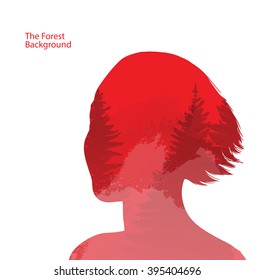 Vector double exposure illustration. Woman silhouette plus forest background. Double exposure portrait of woman on a red background of coniferous forest. Woman and coniferous forest in morning mist.