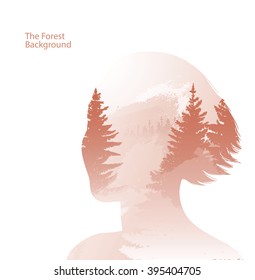 Vector double exposure illustration. Woman silhouette plus forest background. Double exposure portrait of woman on a brown background of coniferous forest. Woman and coniferous forest in morning mist.