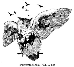 Vector Double exposure, owl for your design, wildlife concept