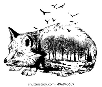 Vector Double exposure, silhouette of fox and forest