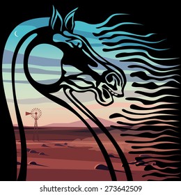 vector double exposure wild horse head with mane on the background of desert landscape