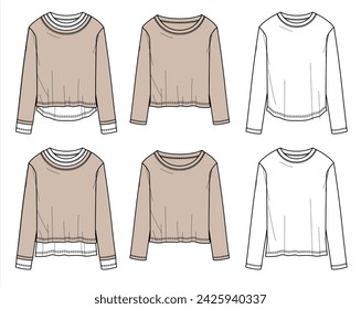 Vector doble de manga larga camiseta de moda CAD, mujer de invierno cuello redondo suelto dibujo técnico superior, plantilla, boceto, plano, maqueta. Jersey moderno 6 piezas set top con vista frontal, posterior, color blanco