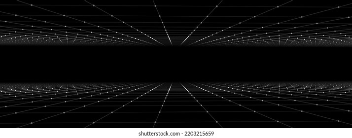 Vector double perspective grid on black background. Digital cyberspace. Network connection structure. Abstract mesh background.