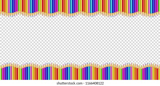 Vector double wavy border made of colored wooden pencils row isolated on transparent background. Back to school framework bordering template concept or photo frame with empty copy space for text
