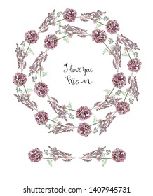  vector double wreath of flowers isolated on white background, brush and lettering